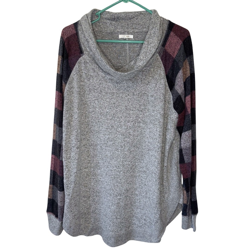 3/$20 Maurices Heather Gray Cowl Neck Knit Top with Checkered Sleeves - Picture 1 of 5